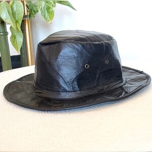 Black Genuine Leather Patchwork Fedora Hat, OS, Like New